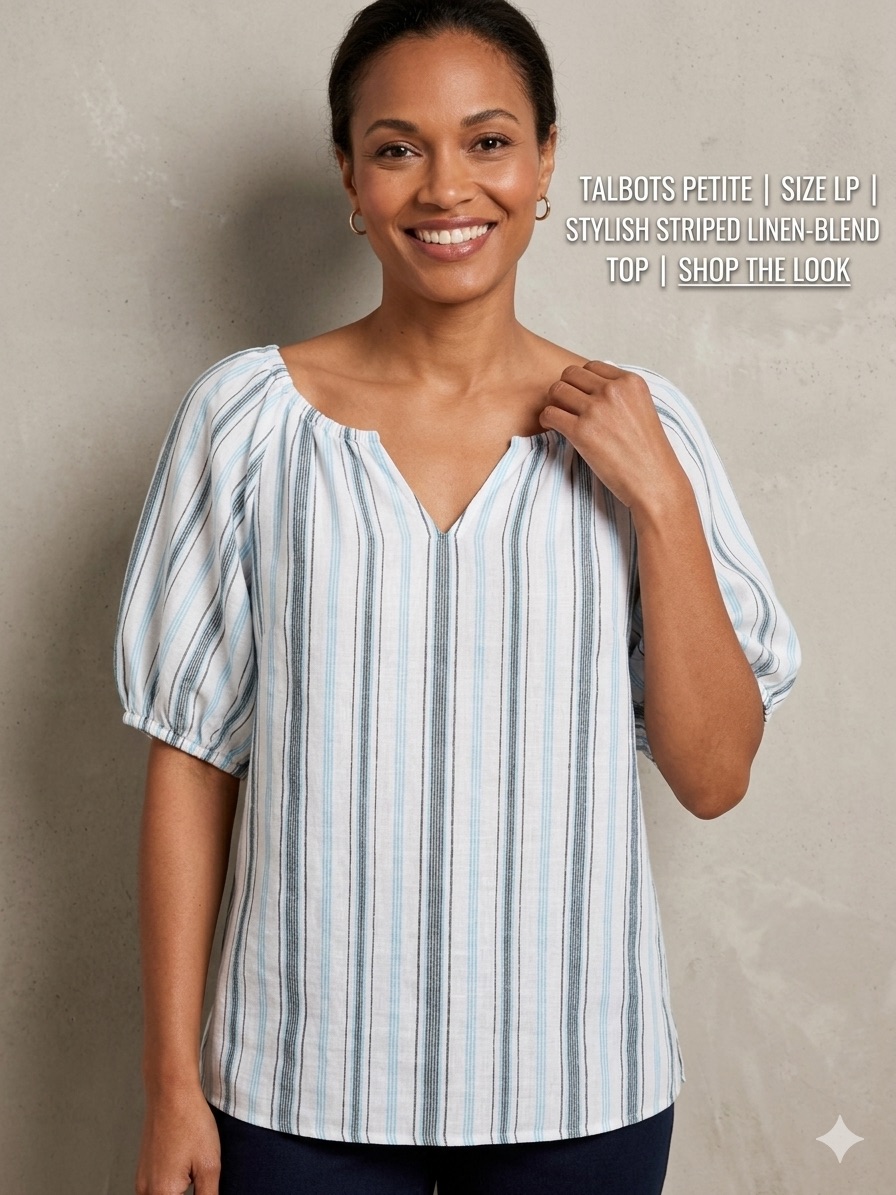 Talbots Striped Linen Peasant Top In Turquoise Blue And White